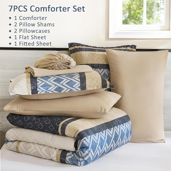 Cottolester Boho Comforter Set Queen Size,Grey Blue Striped Bed in a Bag,Plaid Comforter and Sheet Set,Soft Microfiber Complete Bedding Sets