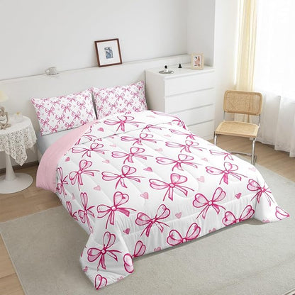 Pink Bow Girlish Kids Comforter Set Full Size,Bowknot Love Heart Hand Paint Cute Bedding Set,Girls Women Room Decor,Princess Style Bow Tie Down Comforter,Girly Romantic Duvet Insert,2 Pillowcases