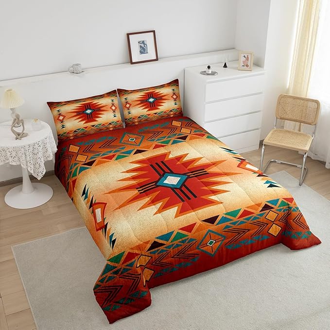 Western Bedding Set King Size,Southwest Comforter Set for Kids Teens Women Men,Aztec Tribal Bohemian Quilt Set 3Pcs Vintage Geometric Striped Orange Red Rustic Duvet Insert Bedroom Decor