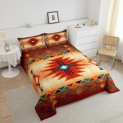 Western Bedding Set King Size,Southwest Comforter Set for Kids Teens Women Men,Aztec Tribal Bohemian Quilt Set 3Pcs Vintage Geometric Striped Orange Red Rustic Duvet Insert Bedroom Decor