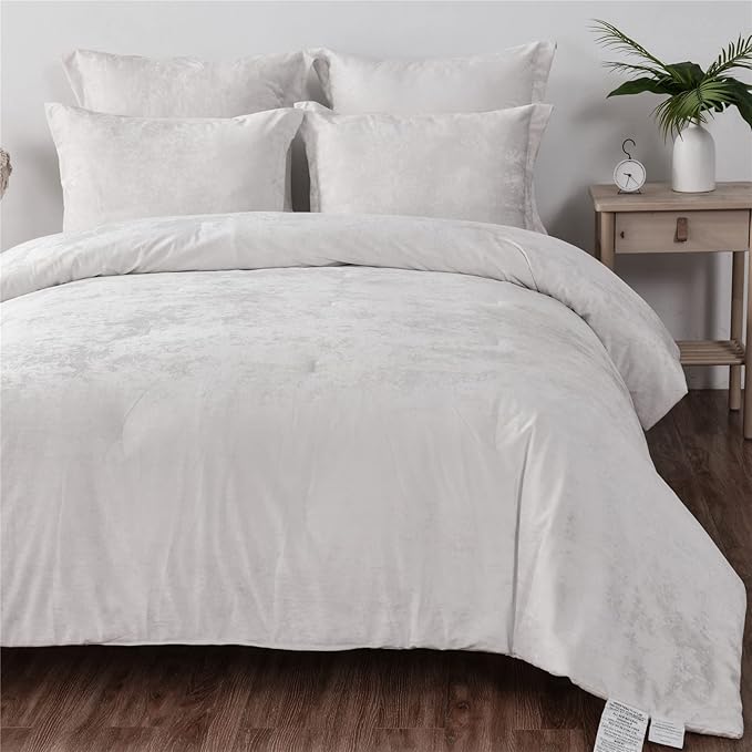 Sunshine Nicole Distressed Velvet Comforter Set, Distressed Velvet Face and Brushed Solid Microfiber Reverse, with Light Weight Soft Poly Fill, 5 Pieces Light Ivory, Queen