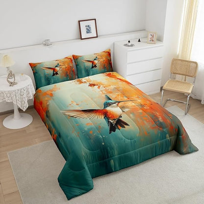 Feelyou Hummingbird Comforter Set Toddler Size Tropical Birds Comforter Hummingbird Flowers Bedding Set Blossoming Iris Flowers Duvet Set Room Decor Teal Quilt Set