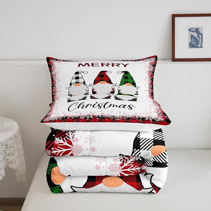 Merry Christmas Comforter Set Queen Size,Cartoon Santa Claus Bedding Set 3Pcs for Kids Boys Girls Room Decor,Red Black Checkered Snowflake Quilt Set Geometric Xmas Duvet Insert,2 Pillowcases