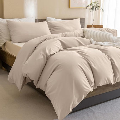 Sanracie Pre-Washed Cotton King Comforter Set, Beige Khaki Colored Bedding Set 3Pcs Ultra Soft Breathable Bed Comforter Set for All Season
