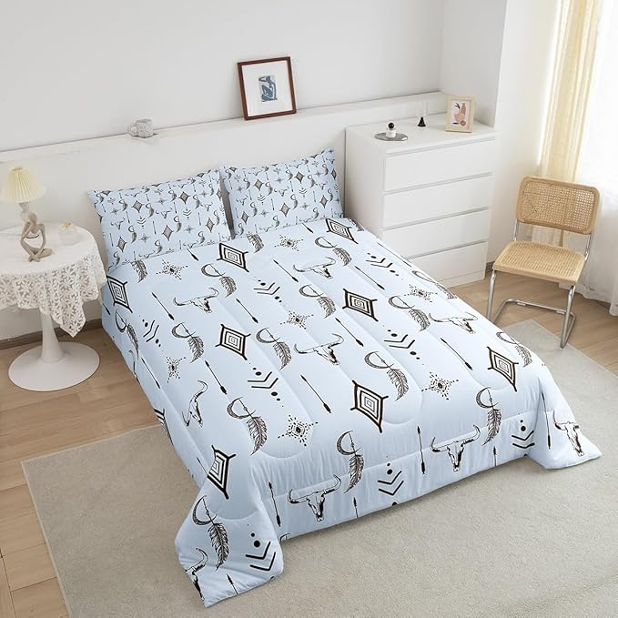 Feelyou Blue Western Bull Skull Comforter Set Boho Ethnic Horns Bedding Set Toddler Size for Kids Adult Tribal Symbol Mysterious Aztec Comforter