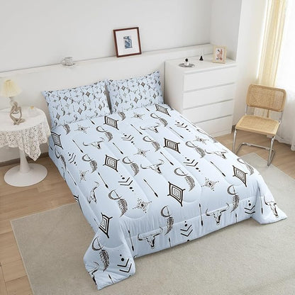 Feelyou Blue Western Bull Skull Comforter Set Boho Ethnic Horns Bedding Set Twin Size for Kids Adult Tribal Symbol Mysterious Aztec Comforter