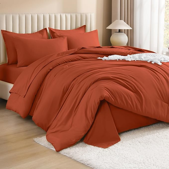 Litanika Burnt Orange Comforter California King Size Set - 7 Pieces Terracotta Bed in a Bag California King Bedding Comforter Sets, Plain Lightweight Bed Set