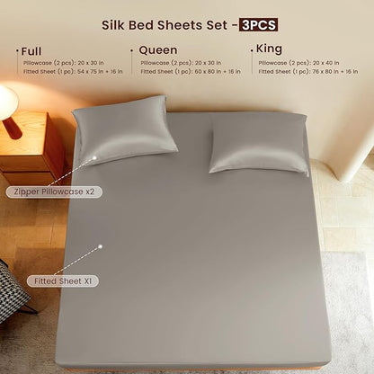 THXSILK Luxury Mulberry Silk Fitted Sheet Set 3 Pcs, Full Silk Bed Sheet Set with 16" Deep Pockets, Soft & Cooling Sheets, 1 Fitted Sheet, 2 Pillowcases with Zipper Closure - Grey