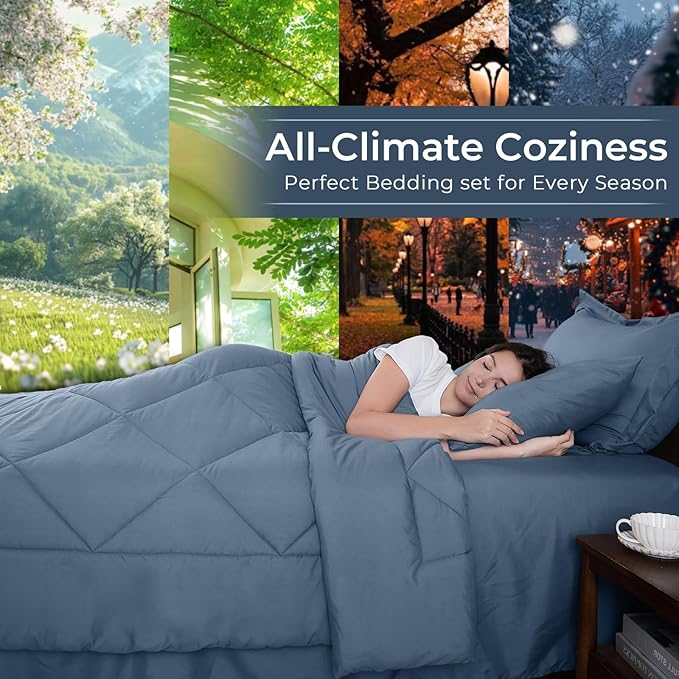HEVUMYI Dusty Blue Cali-King Comforter Set - 7-Piece All Season Bed in a Bag Cali-King, Ultra Soft Bedding Set with Comforter, Flat Sheet, Fitted Sheet, Pillowcases, Pillow Shams