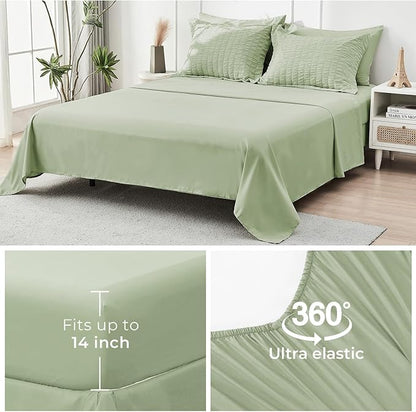 HYMOKEGE Light Green Twin XL Comforter Set Seersucker 5 Pieces, All Season Luxury Bed in a Bag for Bedroom, Bedding Set with Comforter, Sheets, Pillowcase & Sham