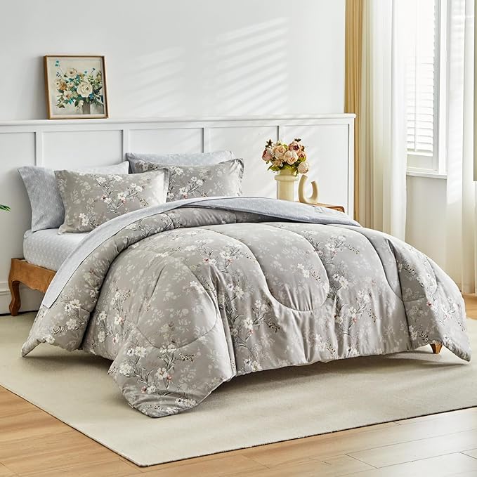 AIKASY Bed in a Bag 7-Piece King Comforter Set - Soft Microfiber Bedding with Elegant Floral, Lightweight and Breathable for All-Season (Regal Purple)