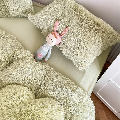 chovy Faux Fur Plush Light Green Comforter Sets King - Ultra Soft Shaggy Flannel Velvet Fluffy Fuzzy 3PC Bedding Set （Comforter x 1 Pillowcases x 2）