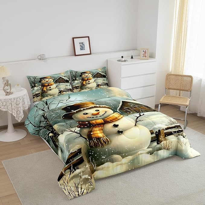 Cute Snowman Comforter Set Twin Size,Rustic Wooden Cabin Bedding Set 2Pcs for Kids Girls Boys Adult Room Decor,Vintage Style Winter Quilt Set Merry Christmas Duvet Insert,1 Pillowcase
