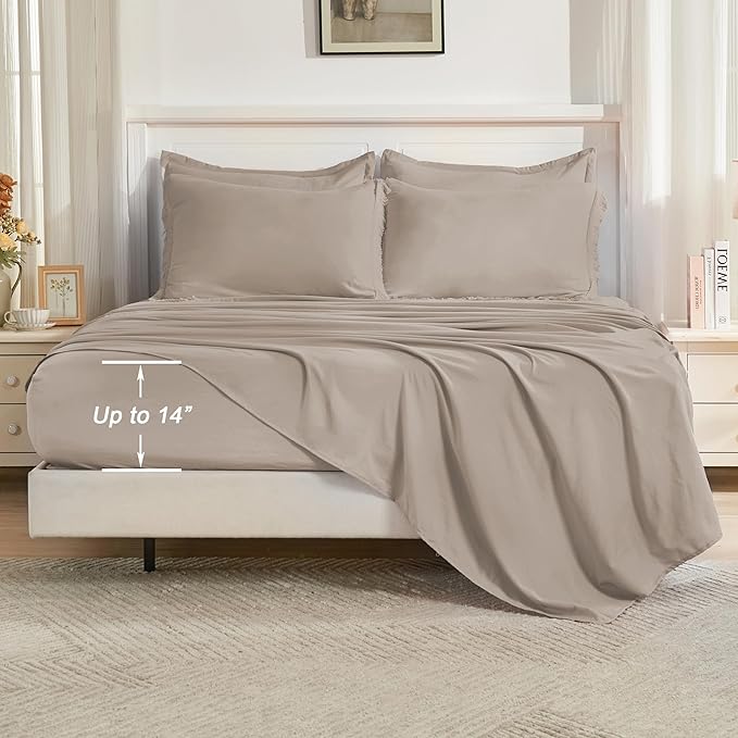 Andency King Size Comforter Set with Sheets Khaki - 7 Pieces Bed in a Bag Boho Soft Lightweight Bedding Sets, Tassel Bed Set with Comforter, Sheets, Pillowcases & Shams