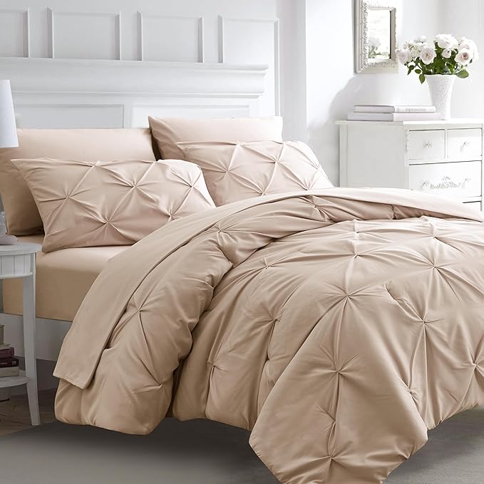 Ubauba 7pc Beige Queen Comforter Set with Sheets, 7 Piece Pintuck Bed in a Bag Ivory with Comforter and Sheets, Off White Bedding Comforters & Sets (Cream, Queen Size)