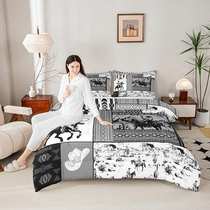 Feelyou Kids Grey Western Aztec Comforter Set King Size Horse Bedding Set for Boys Girls Teens Bedroom Decor Wild Cowboy Boho Boho Rustic Farmhouse Tribal Duvet Quilt Breathable Soft Lightweight 3Pcs