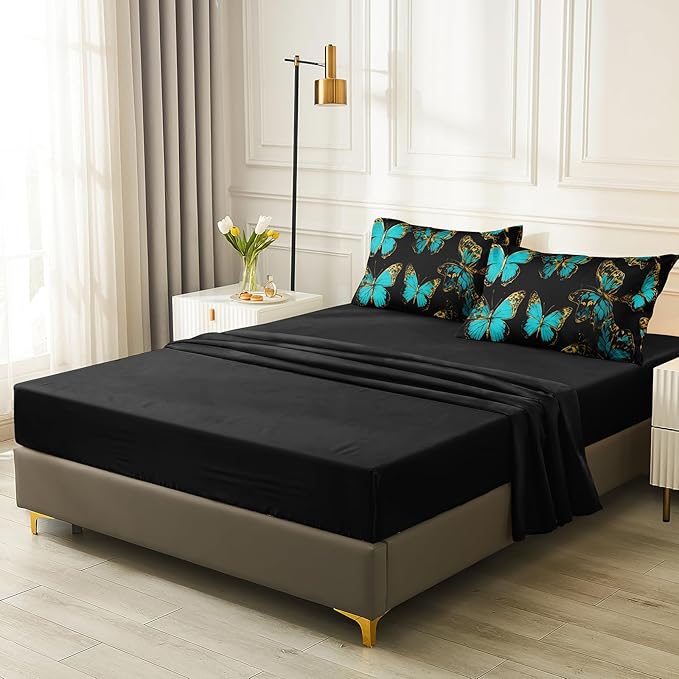 Black and Gold Butterfly Comforter Aqua Butterfly Bedding Set Boho Chic Flying Butterflies Fairy Teal Blue Bedding Black Gold Bed in a Bag Full Size Bed Comforter Set