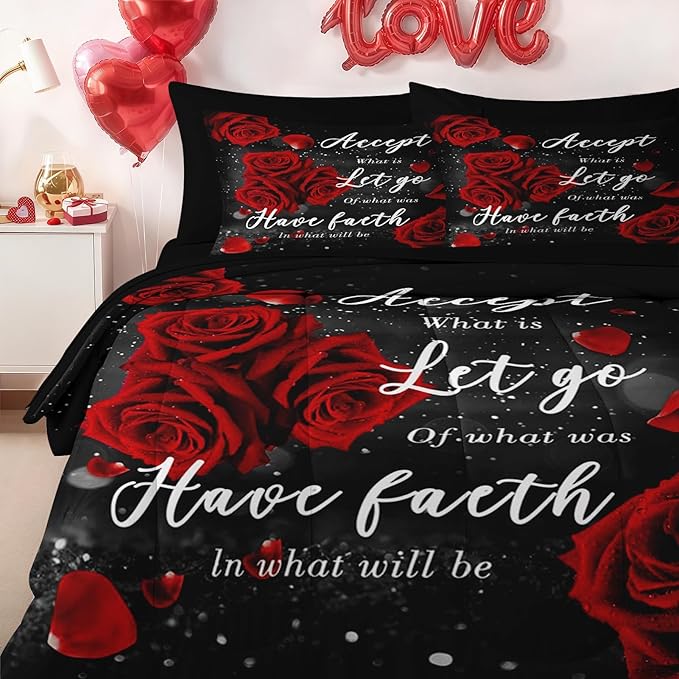 Nesker 7 Pcs Valentine's Day Comforter Set Queen Size, Romantic Red Rose Bedding Set for Kids and Adults, Happy Sweet Love Sheets Bed Sheet Sets with Fitted Sheet 2 Pillowcases & 2 Shams