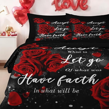 Nesker 7 Pcs Valentine's Day Comforter Set Queen Size, Romantic Red Rose Bedding Set for Kids and Adults, Happy Sweet Love Sheets Bed Sheet Sets with Fitted Sheet 2 Pillowcases & 2 Shams