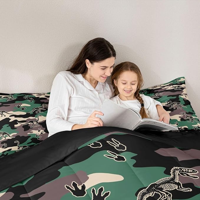 Erosebridal Army Camouflage Comforter Set King Size Camo Dino Bedding Set for Adutls Men Women 3D Vintage Hunting Theme Comforter Dinosaur Skeleton Farmhouse Green Quilt Bedroom Decor