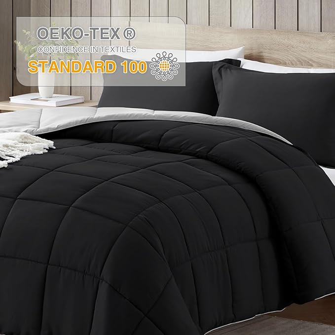 satisomnia Twin Comforter Set, Black Bedding Comforters Twin XL Size, 2 Pieces Down Alternative Bed Comforter Lightweight, Soft Quilted Bed Set Breathable, Reversible All Season Bedding Sets