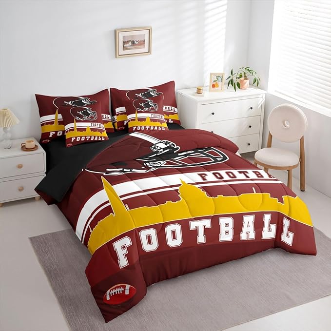 Erosebridal Football 7 Pcs Comforter Set King Football Fans Bedding for Kids Football City Sheet Set Bed in A Bag Red Yellow Rugby Competition Room Decor Sports Ball Game Quilt