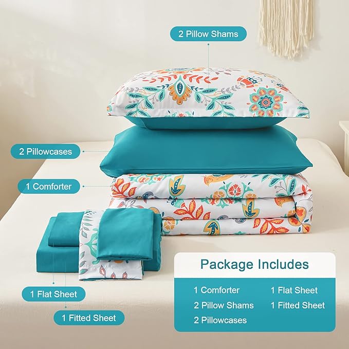 Boho Comforter Set King - 7 Pieces Bed in a Bag Floral Medallions Design, Bohemian Comforter Set with Sheets, Soft Microfiber Complete Bedding Sets All Season (Teal Blue, King)