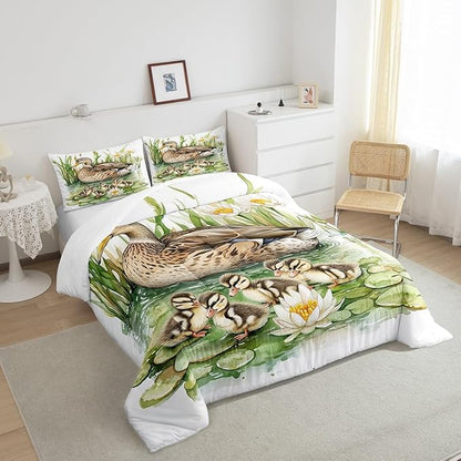 Duck Family Full Size Comforter Sets for Boys Girls,Watercolor Pond Flowers Leaves Bedding Sets Youth Men Bedroom Decor,Wild Duck Cute Birds 3 Pieces Quilt Set,Farmhouse Style Duvet Insert