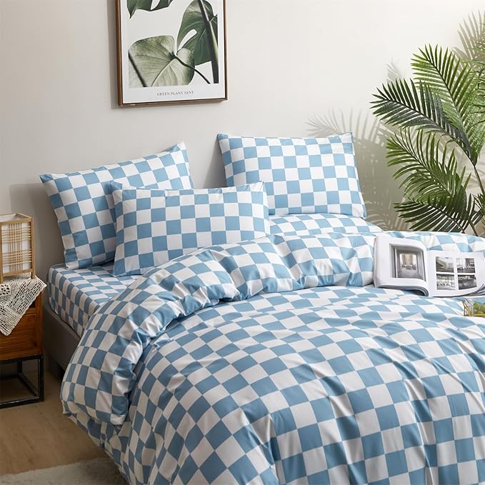 CLOTHKNOW Blue White Plaid California King Comforter Set 3Pcs Grid Bedding Comforter Sets Checker Comforter Blue White Comforter and 2 x Pillow Cases
