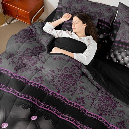 Purple Damask Full Size Bed Sheets and Comforter Set | Antique Decor Gothic Vintage Floral 7-Piece Bedding Set Luxury Black Diamond Texture Pattern Bohemian Bed in a Bag, Goth Victorian Bed Sets