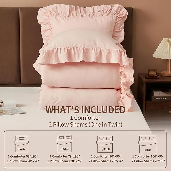 CAROMIO Pink Ruffled Comforter Set Queen Size, 3PCS Soft Washed Microfiber Lightweight & Fluffy All-Season Bedding Comforter with Vintage French Country Style, Pink, 90x90 in