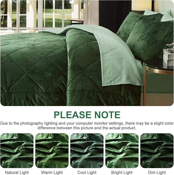 Ivellow Queen Comforter Set 7 Pieces Bed in a Bag Crushed Velvet Comforter Set Flannel Queen Green Comforter Ultra Soft Breathable Luxury Soft Warm Winter Bedding Set with Sheets, Pillowcases & Shams