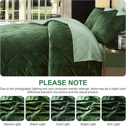 Ivellow King Comforter Set 7 Pieces Bed in a Bag Crushed Velvet Comforter Set Flannel King Green Comforter Ultra Soft Breathable Luxury Soft Warm Winter Bedding Set with Sheets, Pillowcases & Shams