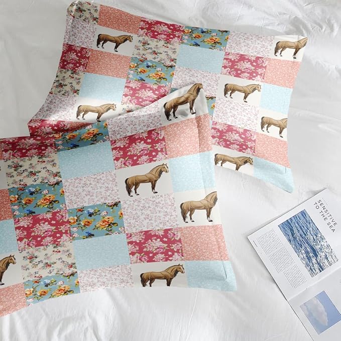 Comforter Set Twin Size, Horse Animal Pink 5 Pcs Bedding for Kids and Adults, Country Farmhouse Bed Sheet Sets with Fitted Sheet Pillowcase & Sham for Bedroom Bed Decor
