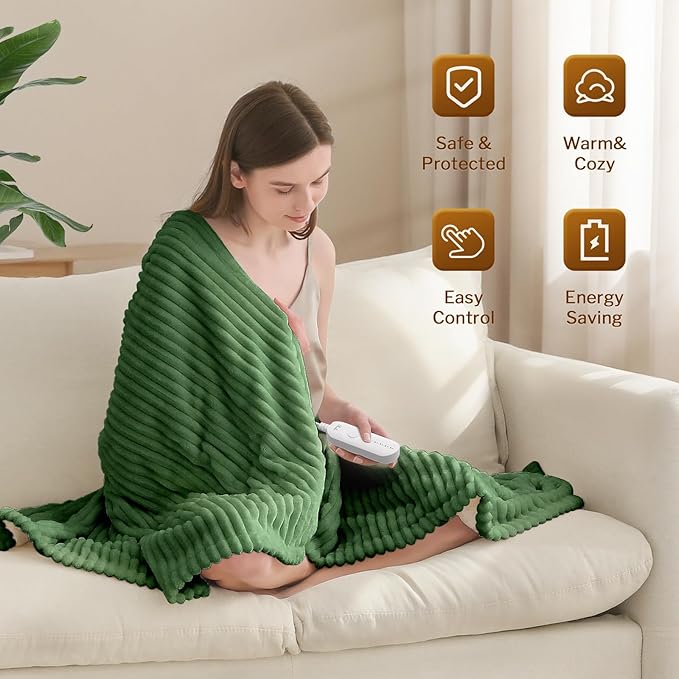 Reaks Electric Heated Throw Blanket, Silky Soft Flannel & Sherpa Heating Blanket Throw with 5 Heat Levels & 3 Hours Auto Off, Warm Gifts for Women Mom Grandma, ETL Certified (50x60 inches, Green)