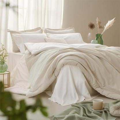 Beige Comforter Set Full Reversible Bedding Set, 7 Pieces Soft Bed in a Bag with Comforter, Sheets, Pillowcases & Shams, All Seasons Boho Full Bed Set