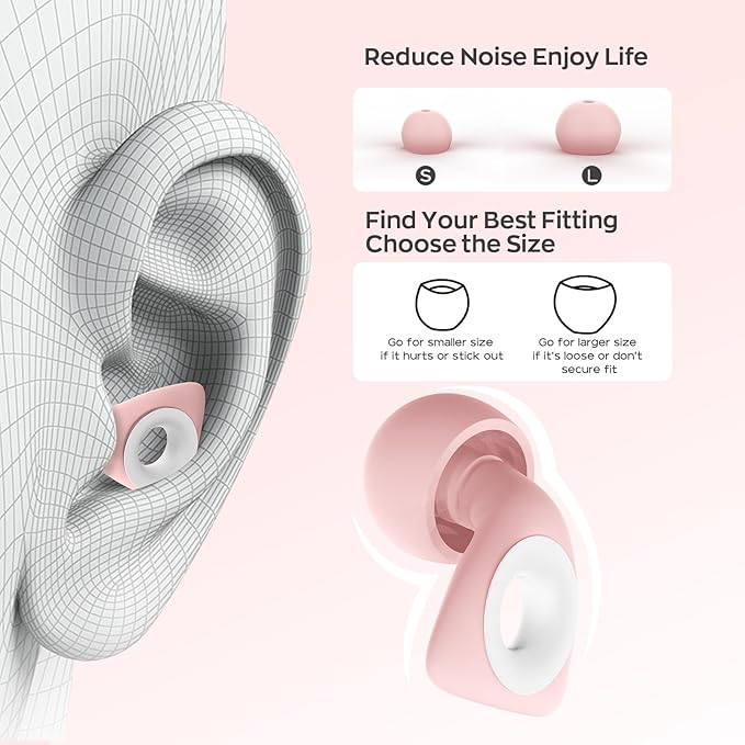Dison Ear Plugs for Sleeping, Reusable Earplugs for Noise Reduction Silicone Hearing Protection Ear Plugs with 6 Ear Tips Pink