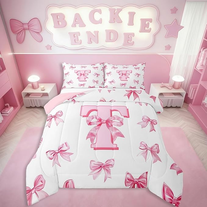 Erosebridal Kawaii Bowknot Girls Queen Bedding Set Cute Initial Letter T Bow Bedding Comforter Sets Dreamy Princess Style Comforter Set for Kids Teen Women,Pink Chic Girly Bed Set Bedroom Decor