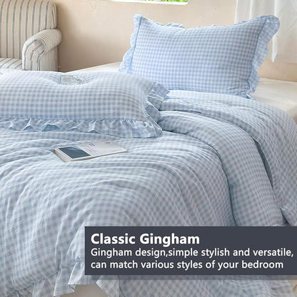 NSNLGSGC Light Blue Ruffle Gingham Comforter Set Queen, Pre-Washed Ruffled Plaid Checked Comforter Bedding, 3 Pieces Vintage Farmhouse Grid Bedding Set(Blue Gingham, Queen)