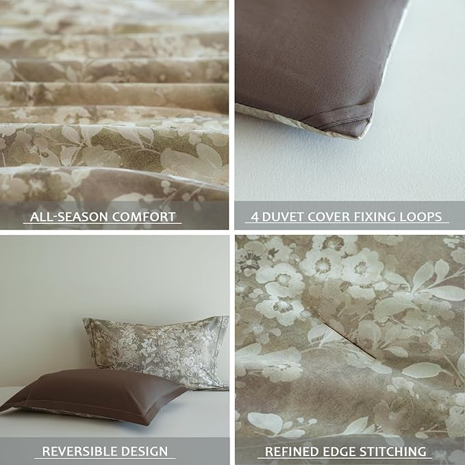 Queen Size Floral Comforter Set, 3Pcs Long Staple Cotton Duvet for All Seasons, Brown Botanical Print Bedding Set with 1 Lightweight Comforter and 2 Pillow Shams