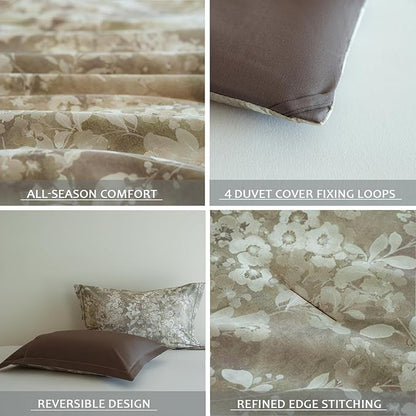 King Size Floral Comforter Set, 3Pcs Long Staple Cotton Duvet for All Seasons, Brown Botanical Print Bedding Set with 1 Lightweight Comforter and 2 Pillow Shams