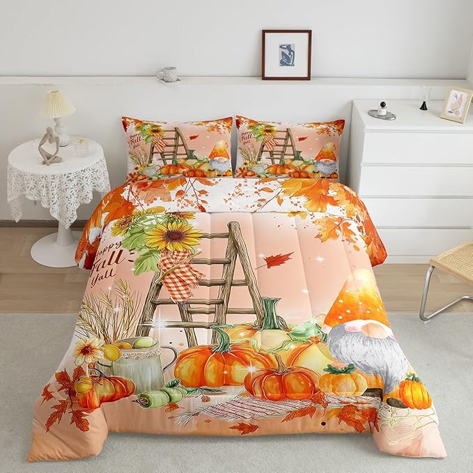 Erosebridal Happy Fall Gnomes Bedding Set Thanksgiving Pumpkin Comforter Set Twin Fall Home Room Decor,Autumn Natural Harvest Season Quilt Duvet,Rustic Maple Leaf Sunflower Comforter 1 Pillow Case