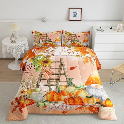 Erosebridal Happy Fall Gnomes Bedding Set Thanksgiving Pumpkin Comforter Set Twin Fall Home Room Decor,Autumn Natural Harvest Season Quilt Duvet,Rustic Maple Leaf Sunflower Comforter 1 Pillow Case