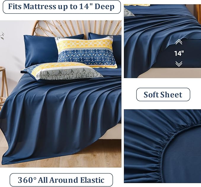WONGS BEDDING Boho Comforter Set King, 7 Pieces Navy Blue and Yellow Comforter Set Bohemian Bed in A Bag Striped Paisley Floral Comforter and Sheet Set Soft Microfiber Bedding Set for All Season