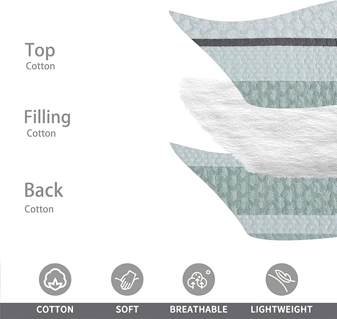 Homzard King Size Quilt,Cotton King Size Comforter Set,Mint Green Grey Bedding Set,Striped Bedspread,Lightweight Summer Comforter Sets 3 Piece