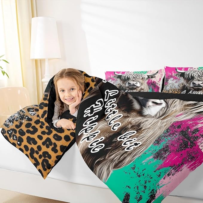 Erosebridal Highland Cow Bedding Set Leopard Print Down Comforter for Boys Teens,Hippie Bull Cattle Comforter Set Wildlife Farmhouse Cow Duvet Filler,Western Funny Animal Room Decor Queen Size