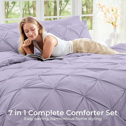 Sasttie King Size Comforter Set, 7-Piece Bed in a Bag, Pintuck Bedding Sets for All Season, Includes Comforter, Flat Sheet, Fitted Sheet, Pillowcases and Pillowshams, Lavender