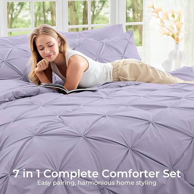 Sasttie Twin Comforter Set, 5-Piece Bed in a Bag, Pintuck Bedding Set for All Season, Includes Comforter, Flat Sheet, Fitted Sheet, Pillowcase and Pillowsham, Lavender