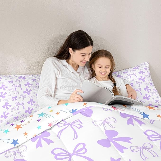 Erosebridal Cute Coquette Bowknot Comforter Set Purple Dreamy Bow King Bedding Set for Girls,Princess Style Kawaii Comforter Sets Purple Watercolor Bow Tie Bed Set for Kids Teen Women