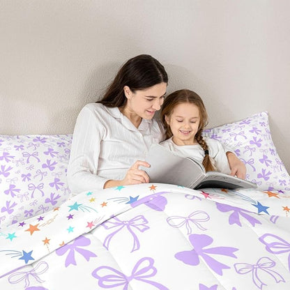 Erosebridal Cute Coquette Bowknot Comforter Set Purple Dreamy Bow King Bedding Set for Girls,Princess Style Kawaii Comforter Sets Purple Watercolor Bow Tie Bed Set for Kids Teen Women